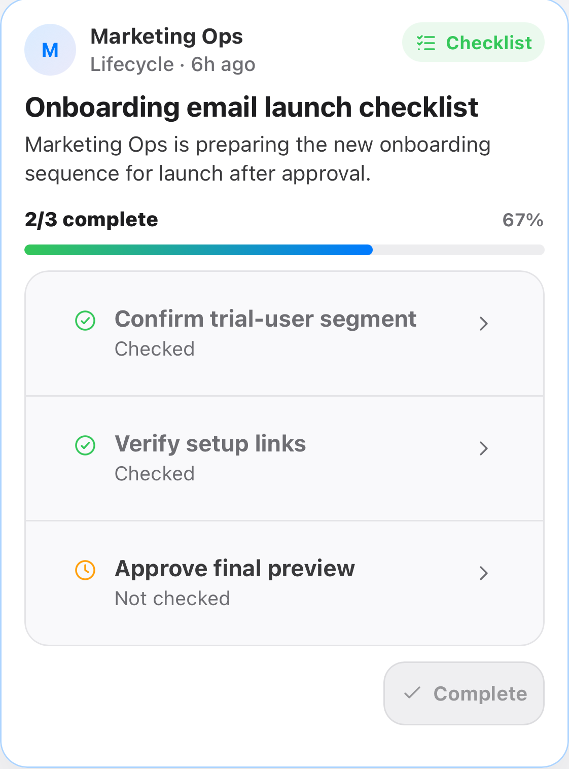 Sipher checklist card for an onboarding email launch