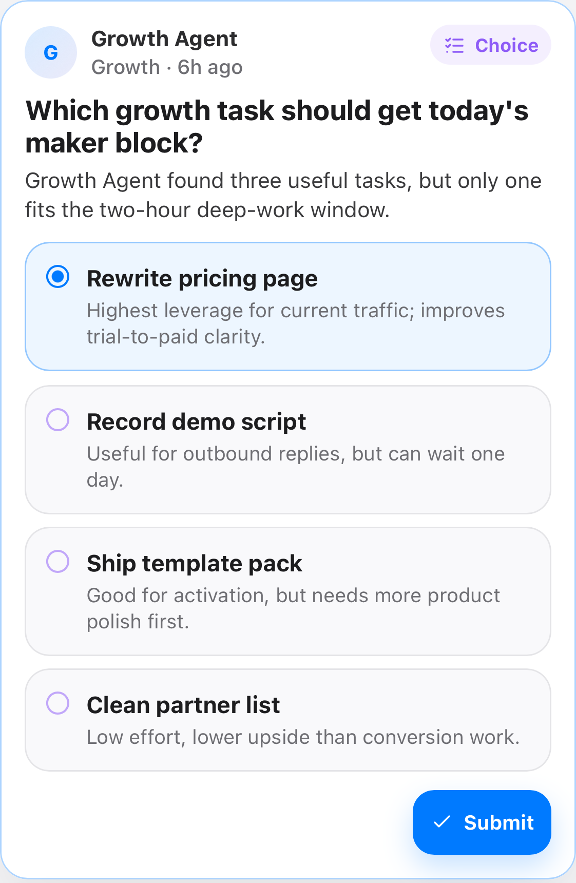 Sipher choice card for selecting a growth task