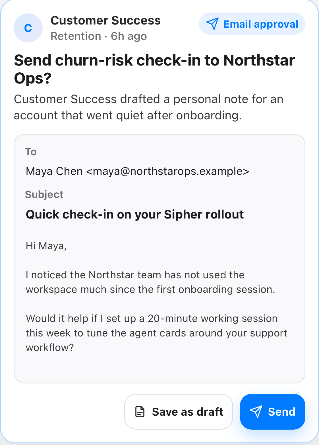 Sipher email approval card with a drafted customer note